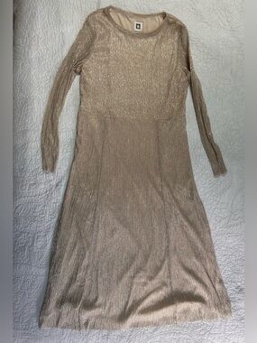 Anne Klein Size 16 Champagne Gold Metallic Shimmer Long Sleeve Fit & Flare Dress
